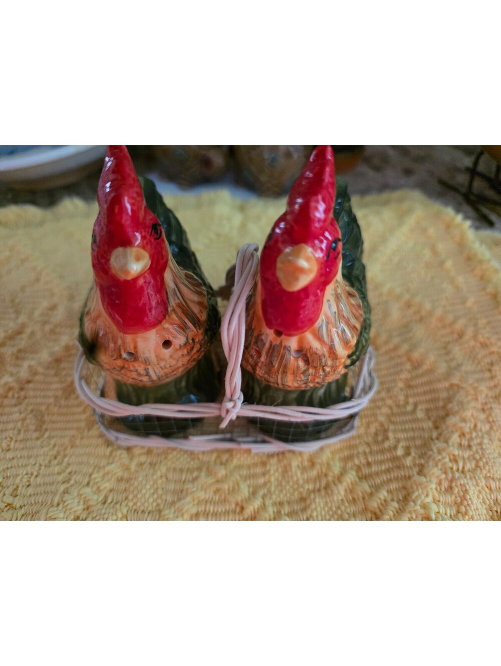 Farmhouse Ceramic Rooster Salt and Pepper Shakers with Wicker Basket